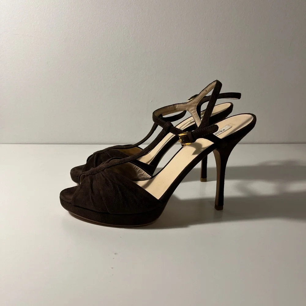 Prada Cutout Peep Open Toe Suede T-Strap Platform Stiletto Pump Heels Sandals - Picture 10 of 12